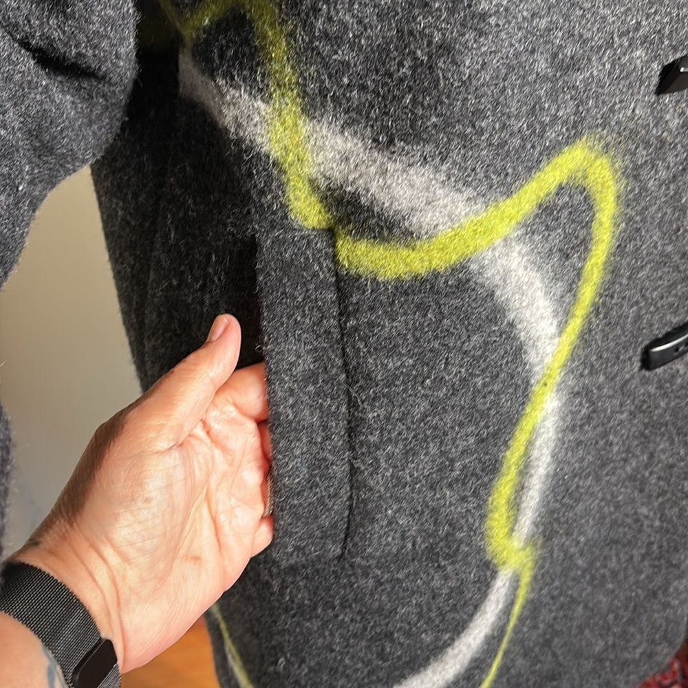 Aino Finland Dark Grey & Lime Green Wool Car Length Coat - Picture 10 of 15